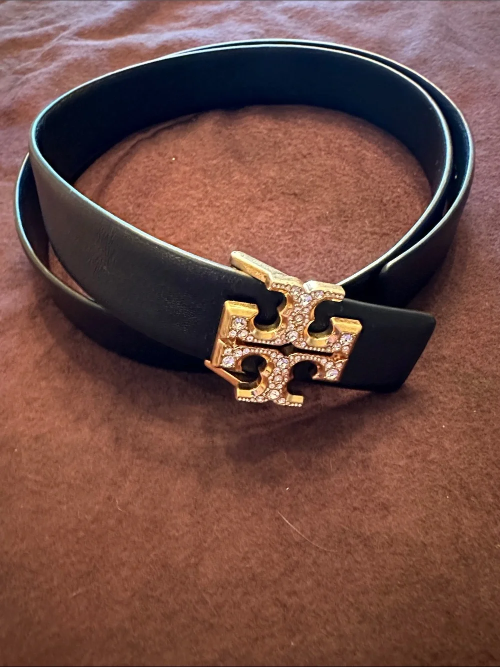 Tory Burch Black Leather Belt with Gold Crystal Logo Buckle